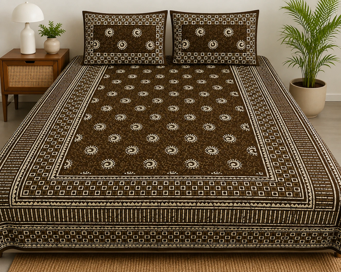 Brown Dabu Print Circular Motifs Pure Cotton Bedsheet