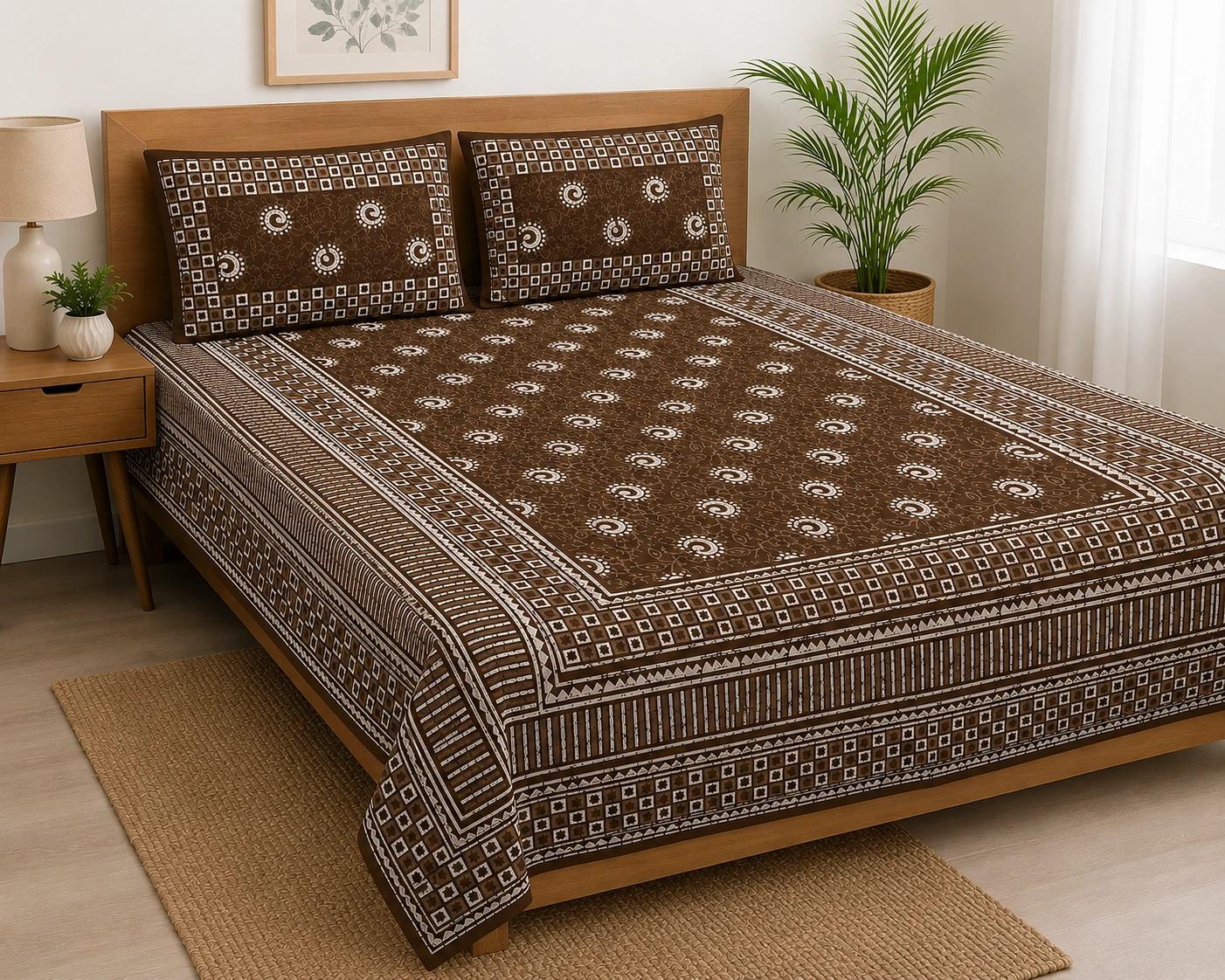 Brown Dabu Print Circular Motifs Pure Cotton Bedsheet - Image 2