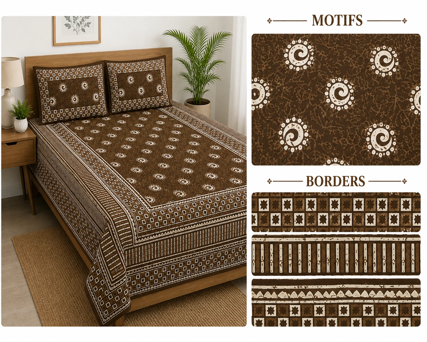 Brown Dabu Print Circular Motifs Pure Cotton Bedsheet - Image 3