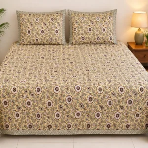Premium King Size Yellow & Brown Jaipuri Floral Cotton Bedsheet