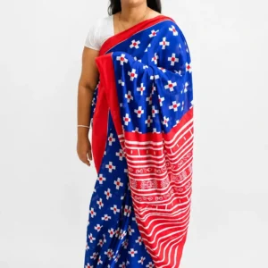 Blue & Red Cotton Mul Mul Saree With Blouse Piece