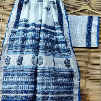 White & Blue Cotton Linen Saree with Matt Silver Border