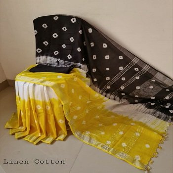 Yellow & Black Cotton Linen Saree with Matt Silver Border
