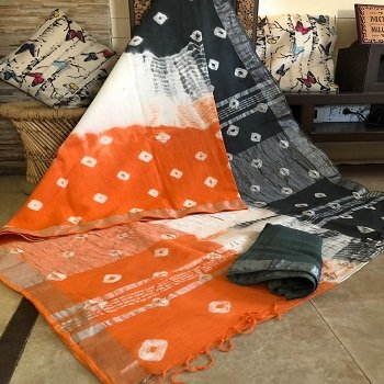 Orange & Black Cotton Linen Saree with Matt Silver Border