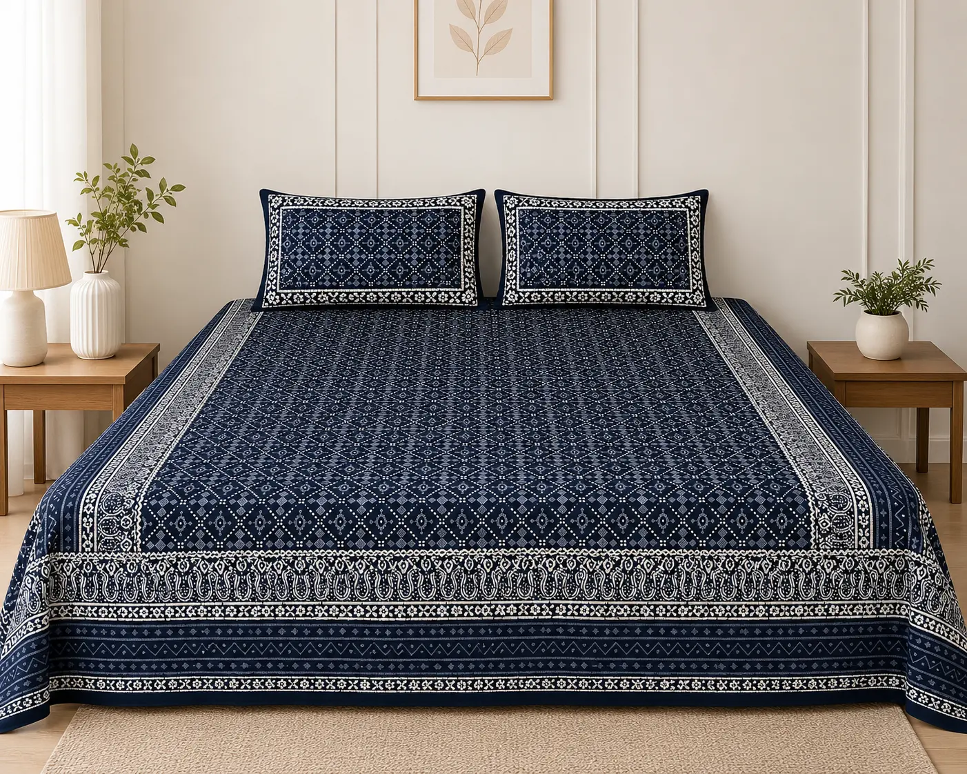 Grey Dabu Print Pure Cotton Bedsheet