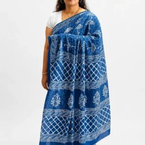 Classic Indigo Cotton Mul Mul Saree with Blouse Piece