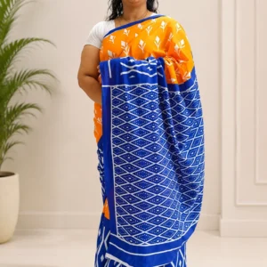 Orange & Blue Cotton Mul Mul Saree with Blouse Piece