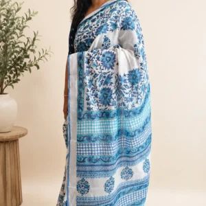 Blue & White Cotton Linen Saree with Matt Silver Border