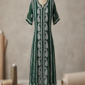 Olive Green Anarkali Chickankari Georgette Kurti