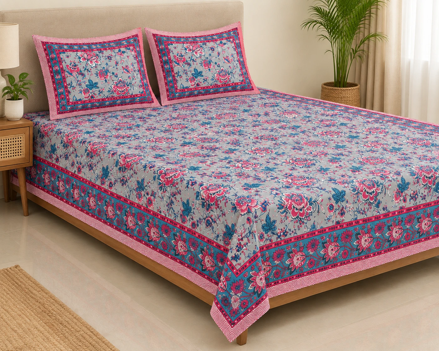 Grey & Rani Jaipuri Cotton Floral Bedsheet - Image 2