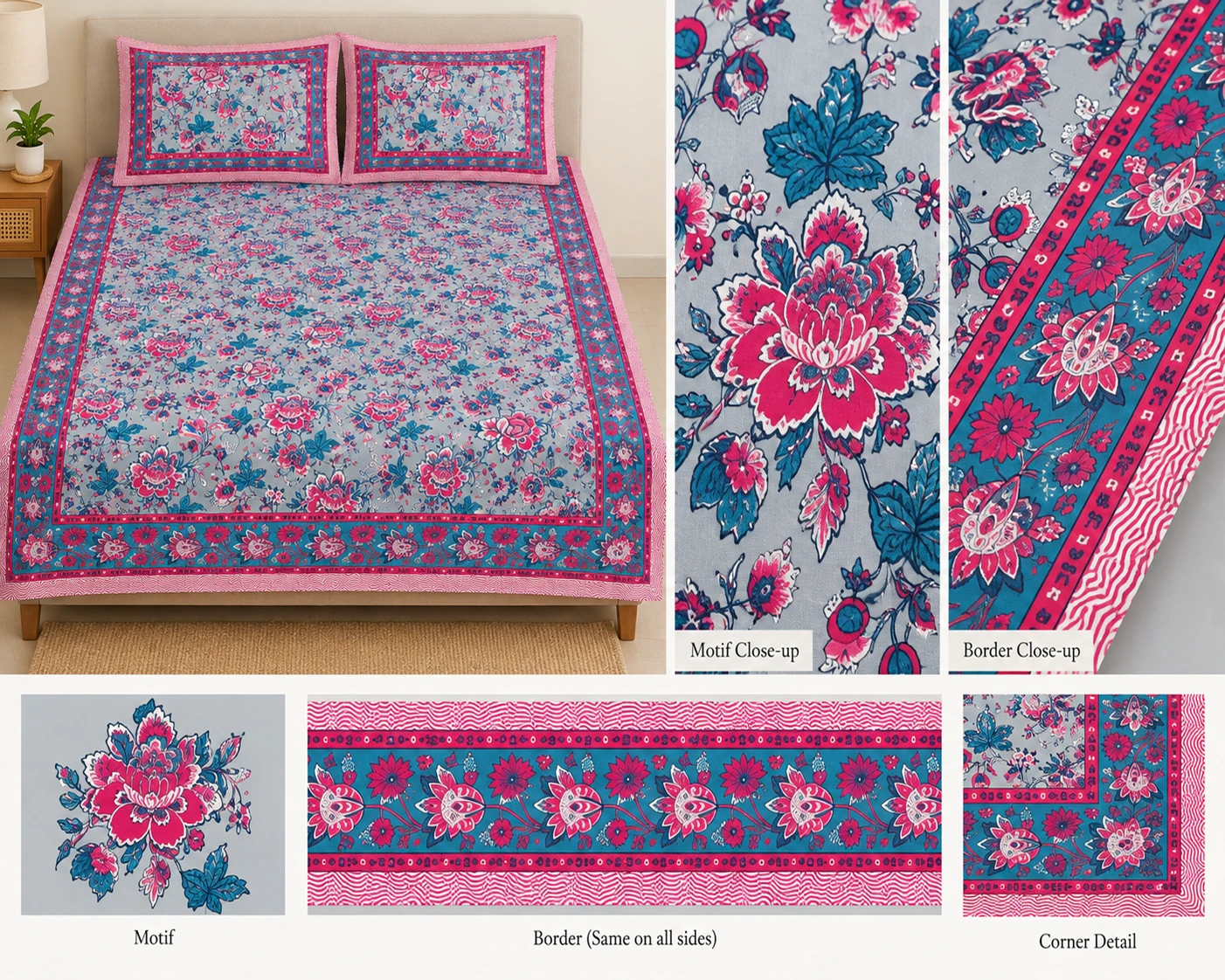Grey & Rani Jaipuri Cotton Floral Bedsheet - Image 3