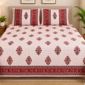 Cream & Maroon Jaipuri Cotton Floral Bedsheet