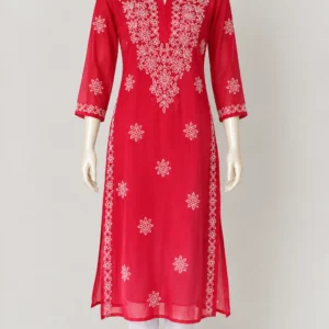 Red Chickankari Stone work Straight Kurti