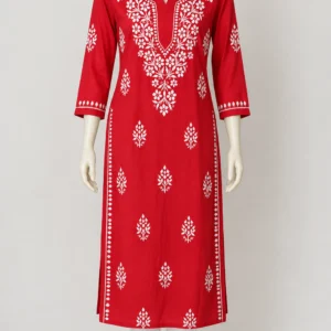 Red Chickankari Hand Work Kurti