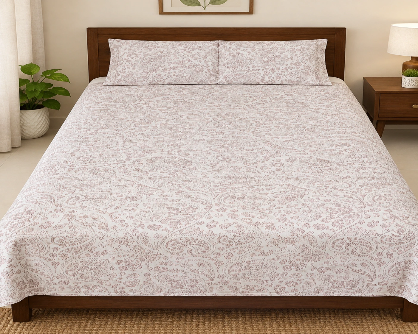 White with Maroon Stitch Print Single Bedsheet