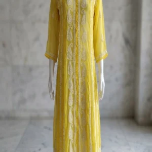 Yellow Anarkali Chickankari  Kurti