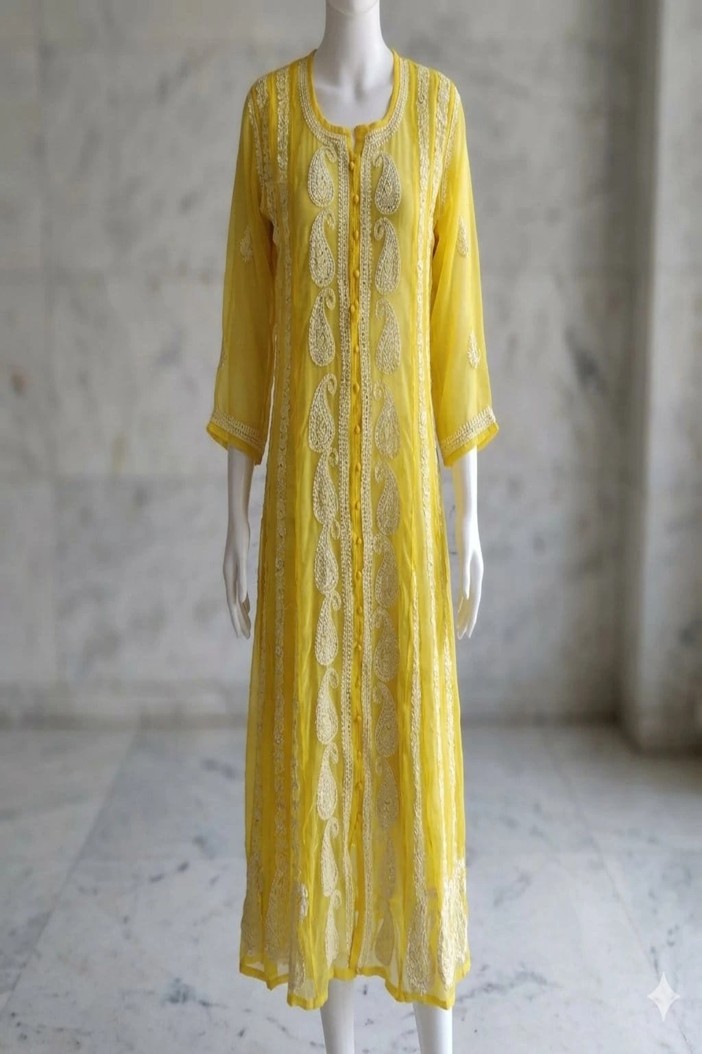 Yellow Anarkali Chickankari Kurti