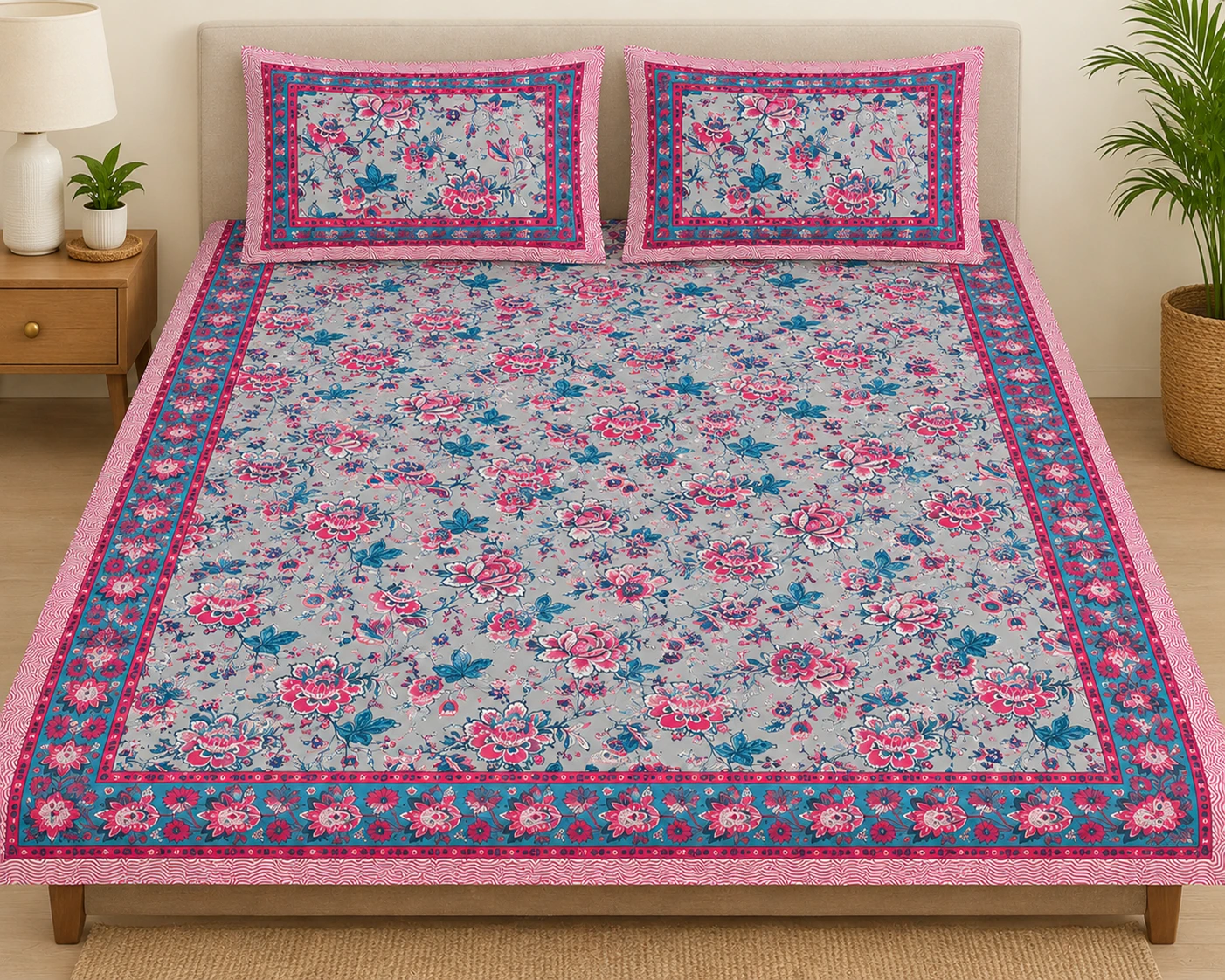 Grey & Rani Jaipuri Cotton Floral Bedsheet