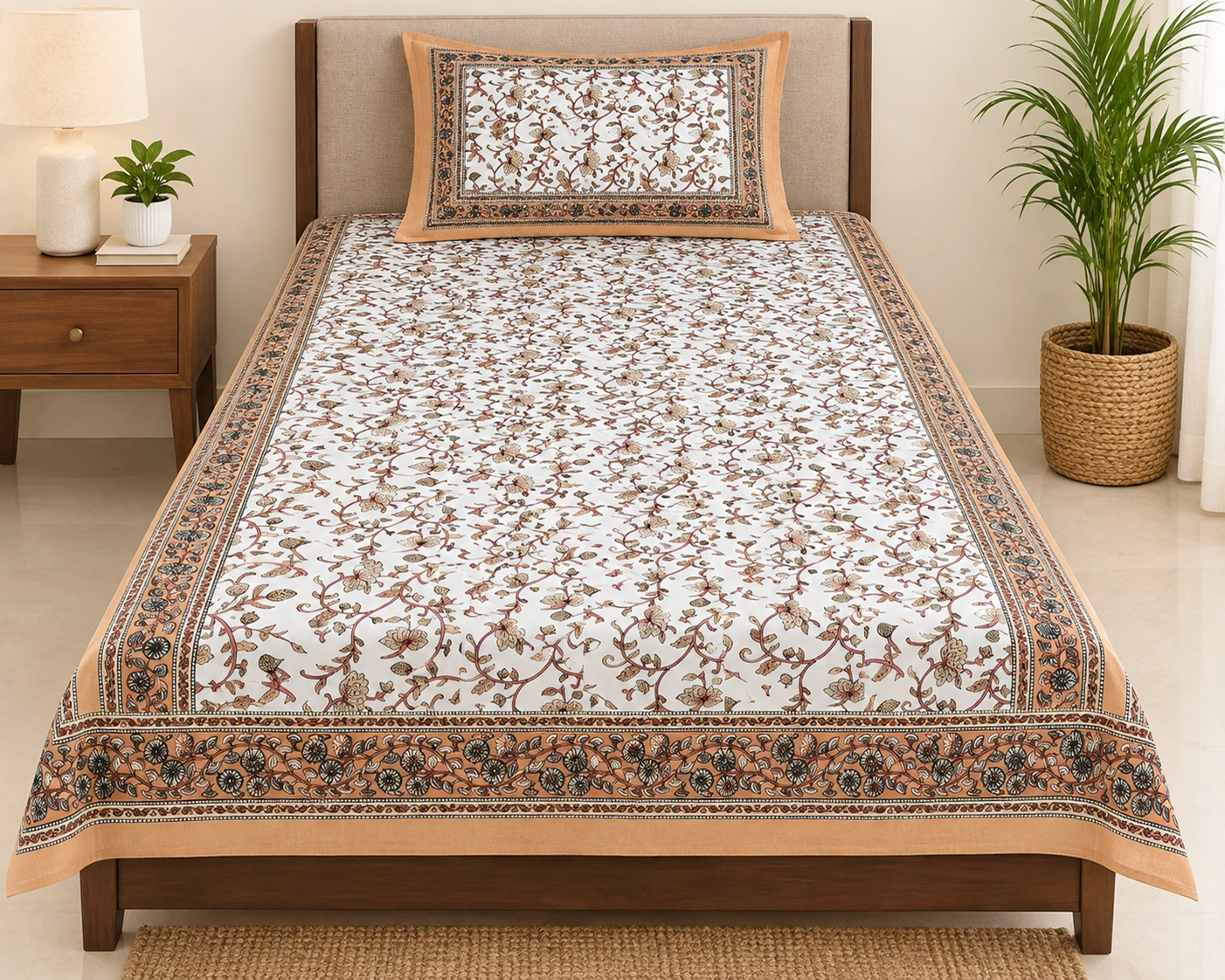 White & Peach Single Bedsheet