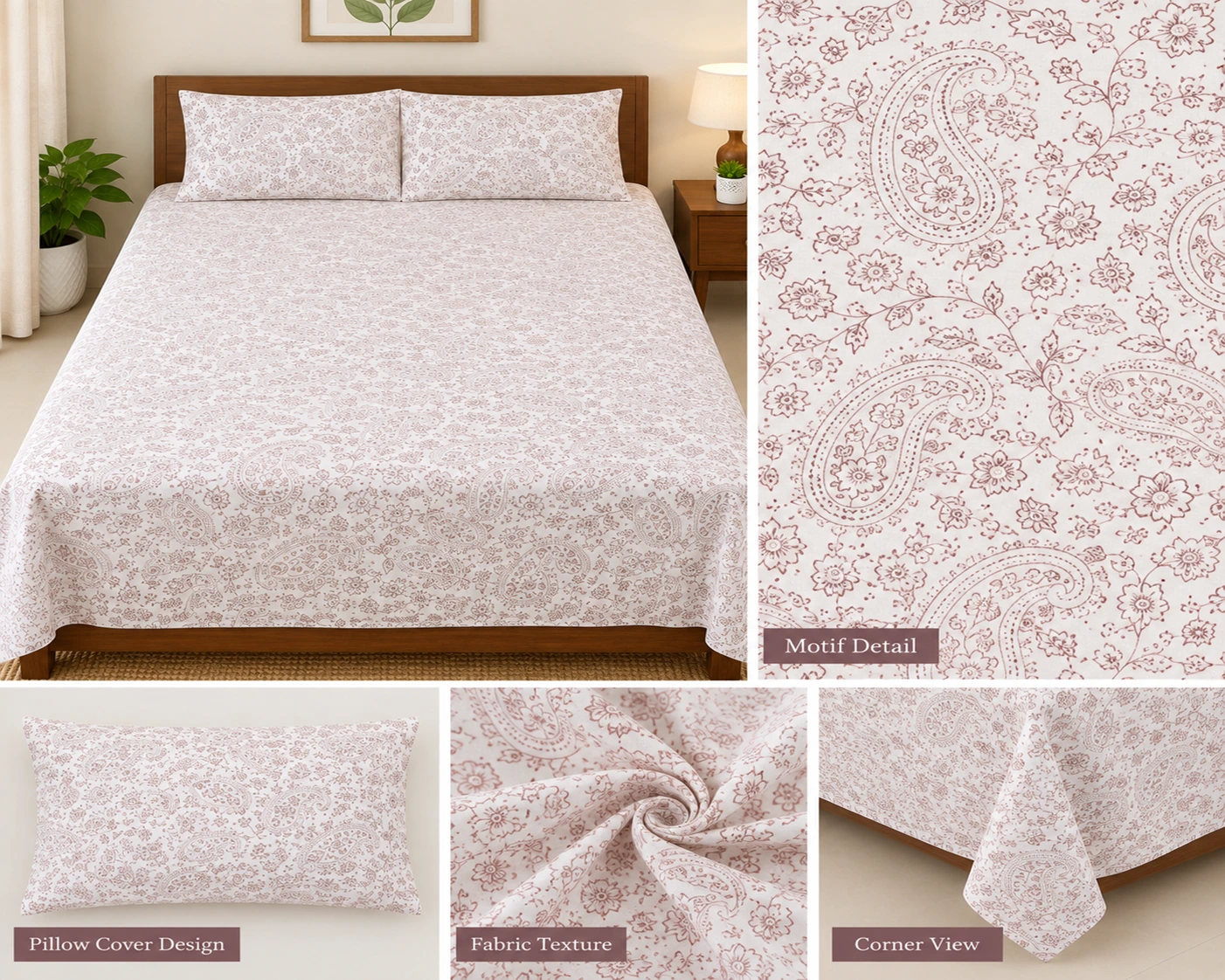 White with Maroon Stitch Print Single Bedsheet - Image 2