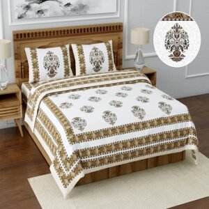 White & Mustard Premium Super King Size Cotton Bedsheet