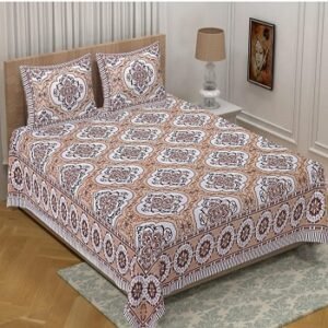 White & Peach Jaipuri Cotton Floral Bedsheet