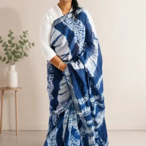 Blue & White Cotton Linen Saree with Matt Silver Border