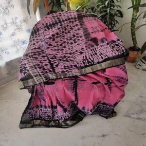 Rani & Black Cotton Linen Saree with Matt Silver Border