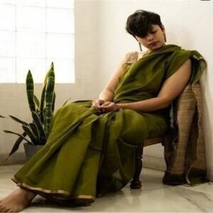 Olive Green Cotton Silk Plain Saree with Border