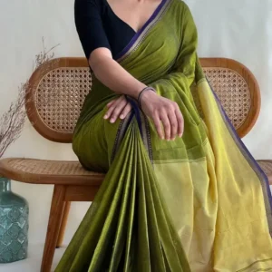 Green Handloom Mul Cotton Plain Saree with Temple Border