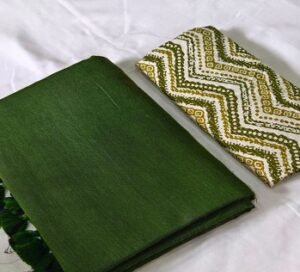 Handloom Plain Mehndi Green Sico Saree with extra White Printed Blouse