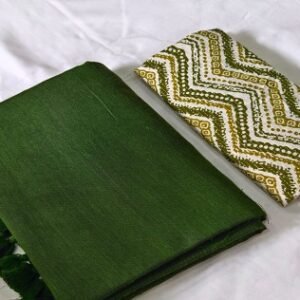 Handloom Plain Mehndi Green Sico Saree with extra White Printed Blouse