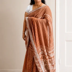 Brown Hand Block Printed Cotton Linen Saree with Matt Silver Border
