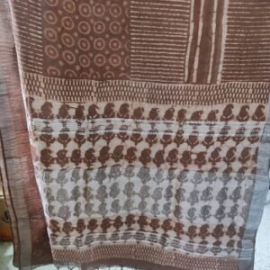 Brown Hand Block Printed Cotton Linen Saree with Matt Silver Border