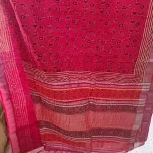 Red Hand Block Printed Saree with Matt Silver Border