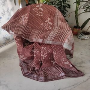 Light Magenta Hand Block Printed Cotton Linen Saree with Matt Silver Border
