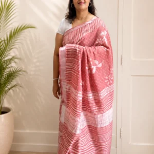 Light Magenta Hand Block Printed Cotton Linen Saree with Matt Silver Border