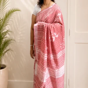 Light Magenta Hand Block Printed Cotton Linen Saree with Matt Silver Border
