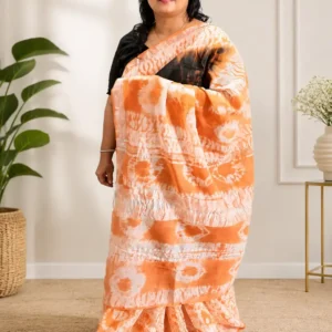 Orange & Black Cotton Linen Saree with Matt Silver Border