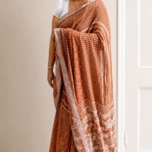 Brown Hand Block Printed Cotton Linen  Saree with Matt Silver Border