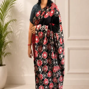 Red & Black Cotton Mul Mul Saree With Blouse Piece