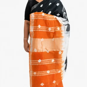 Orange & Black Cotton Linen Saree with Matt Silver Border