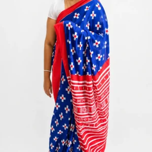 Blue & Red Cotton Mul Mul Saree With Blouse Piece