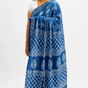 Classic Indigo Cotton Mul Mul Saree with Blouse Piece