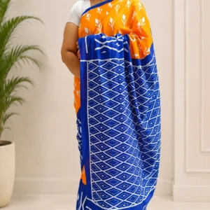 Orange & Blue Cotton Mul Mul Saree with Blouse Piece