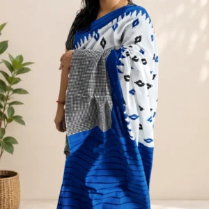 Pista Green, Black & Blue Cotton Mul Mul Saree with Blouse Piece
