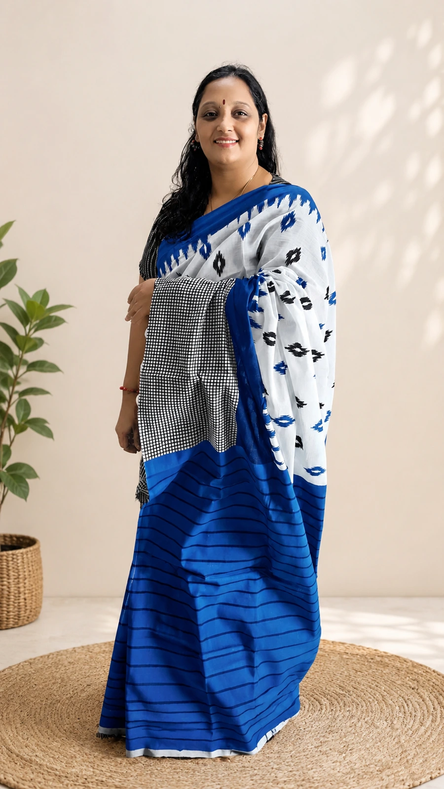 Pista Green, Black & Blue Cotton Mul Mul Saree with Blouse Piece