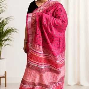 Red & Black Hand Block Printed Saree with Matt Silver Border