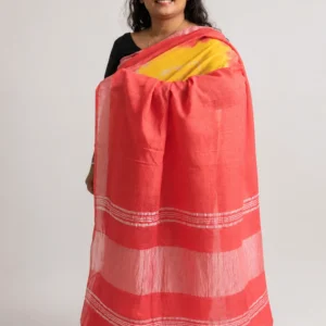 Red & Yellow Cotton Linen Saree with Matt Silver Border