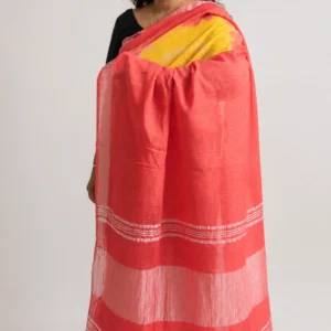 Red & Yellow Cotton Linen Saree with Matt Silver Border